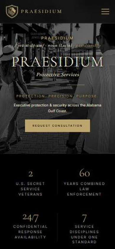 Praesidium Protective Services — security firm web design (mobile view)