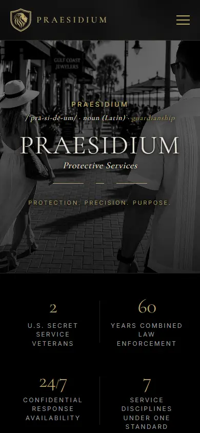 Praesidium Protective Services — security firm web design (mobile view)